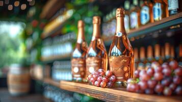 AI generated Bottles of Rose Wine and Grapes on Rustic Cellar Shelf photo