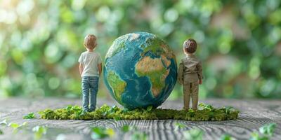 AI generated Children figurines standing beside large globe on tree stump. Concept of environmental awareness, sustainability, and protecting nature for future generations. photo
