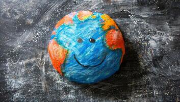 AI generated Smiling colorful clay planet Earth model on blackboard. Concept of environmental awareness, sustainability, and global unity photo