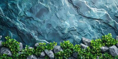 ai generado verde planta en Roca pared con azul agua antecedentes foto