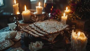 AI generated Traditional Jewish Passover table with matzah bread, candles and wine symbolizing holiday rituals and customs. Concept of religious feast, cultural celebration, and observance of Pesach. photo