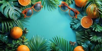 AI generated Creative layout made of tropical leaves and fruits on blue background. Flat lay, top view, copy space photo