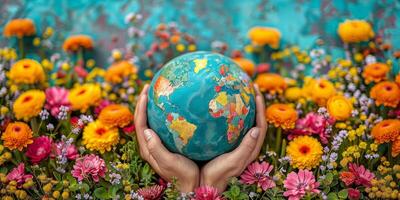 AI generated Close up image of hands holding a globe with flowers in the background. The concept of a green and sustainable planet. photo