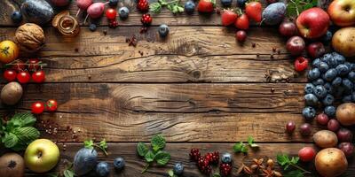 AI generated Organic fruits and vegetables displayed on a rustic wooden table photo