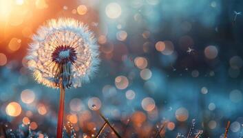 AI generated Dandelion seeds blowing in the wind at sunset. photo