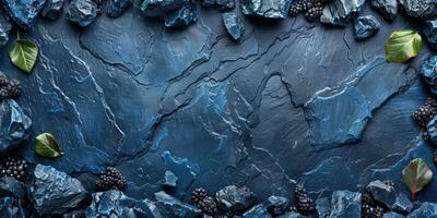 AI generated Blackberries on blue textured background. Top view, copy space photo
