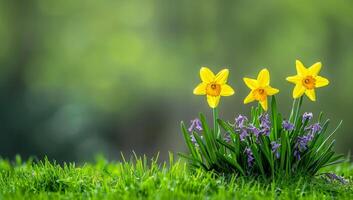 AI generated Yellow daffodils and bluebells in spring garden. photo