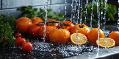 AI generated Fresh tangerines and cherry tomatoes under running water, closeup photo