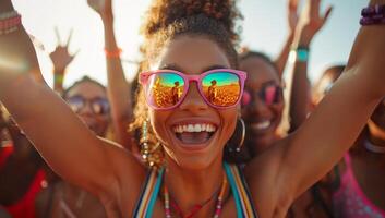 AI generated Happy young woman enjoying a music festival with her friends photo