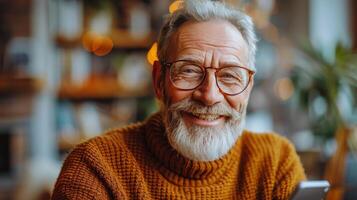 ai generado mayor hombre con barba y lentes utilizando célula teléfono foto