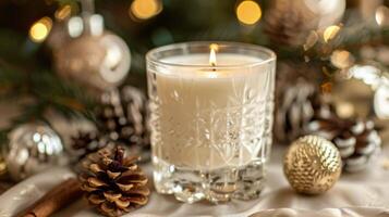 AI generated White Candle on Wooden Table photo
