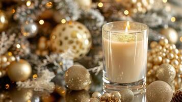 AI generated Candle in Glass Surrounded by Christmas Decorations photo