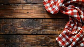 AI generated Red and White Checkered Cloth on Wooden Surface photo
