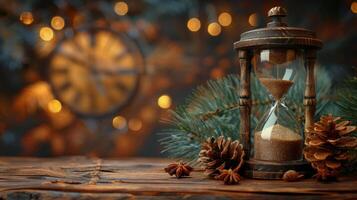 AI generated Hourglass With Yellow Sand on Wooden Table photo
