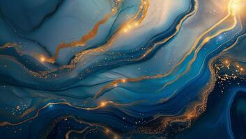 AI generated Fluid Blue and Gold Marbled Abstract Background. Ethereal Liquid Marble Texture with Flowing Waves and Sparkles. photo