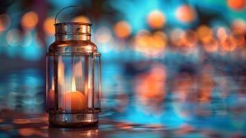 AI generated Lantern with a burning candle in front of bokeh background photo