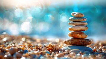 AI generated Stack of smooth, round stones on beach with blurred ocean and bright, colorful bokeh lights in background. Concept of balance, harmony, meditation, spa, and relaxation. photo