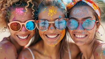 AI generated Three young women covered in colorful powder celebrating Holi festival. photo