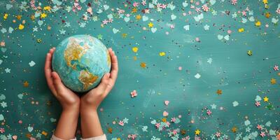 AI generated Child holding globe in hands with colorful sprinkles background. Earth day concept. Save the planet. Environmental protection. photo