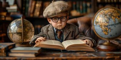 ai generado retrato de un pequeño chico en un sombrero y lentes leyendo un libro. foto