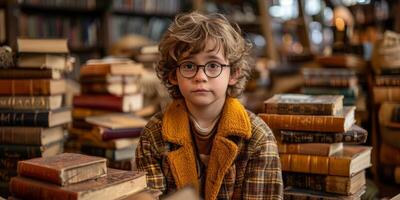 AI generated Inquisitive young boy surrounded by books in antique library. Concept of curiosity, learning, and literary exploration. photo