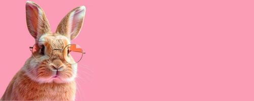 AI generated Adorable red rabbit wearing glasses on a pink background. Cute bunny portrait with copy space for text or banner. photo