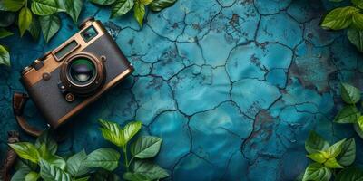 AI generated top view of retro camera and green leaves on cracked blue background with copy space photo