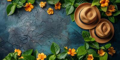 AI generated Summer background with tropical leaves, hat and flowers. Top view with copy space photo