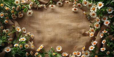AI generated Chamomile flowers on burlap background, top view. Space for text photo