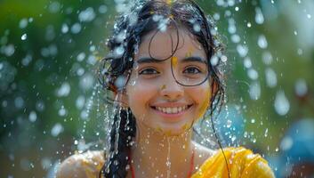 ai generado hermosa asiático joven mujer jugando con agua en el parque. foto