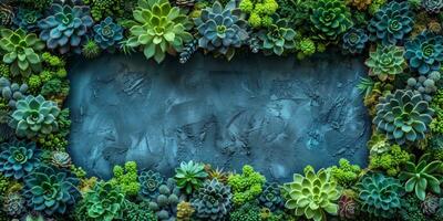 AI generated Green succulent plants on blue textured background. Top view. photo