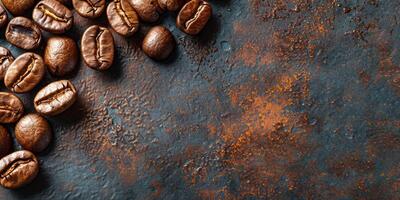 AI generated Roasted coffee beans on rusty background. Top view with copy space photo