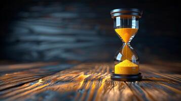 AI generated Hourglass With Yellow Sand on Wooden Table photo