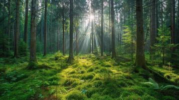 ai generado Dom brilla mediante arboles en verde bosque foto