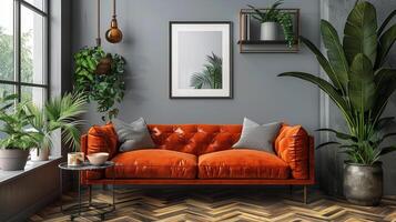 AI generated Modern Living Room With Couch, Rugs, and Mirrors photo