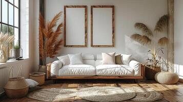 AI generated Modern Living Room With Couch, Rugs, and Mirrors photo