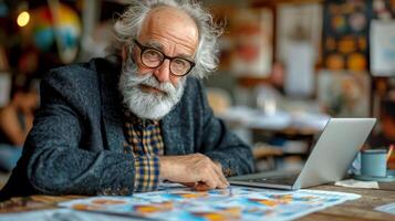 ai generado hombre con barba y lentes utilizando ordenador portátil a mesa foto