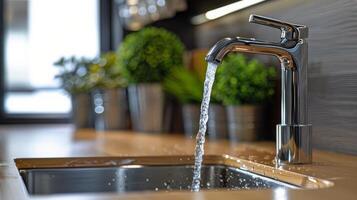 ai generado corriendo agua grifo en cocina lavabo foto