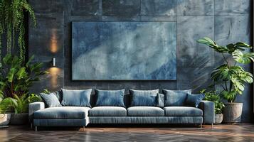 AI generated Modern Living Room With Couch, Rugs, and Mirrors photo