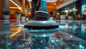 AI generated Professional floor cleaning services. Scrubber machine for cleaning marble floor in the hotel lobby. Cleaning company worker using industrial floor scrubber machine to clean the floor. photo