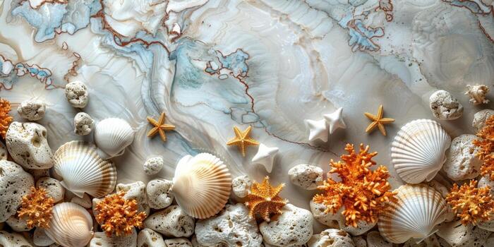 AI generated Marble background with seashells and starfish. Top view. photo