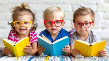 ai generado linda niños leyendo libros mientras vistiendo gracioso lentes. niños aprendizaje y explorador mediante literatura. concepto de temprano infancia educación, imaginación, y intelectual desarrollo. foto