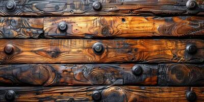 AI generated Wooden planks with rivets, close-up background. photo