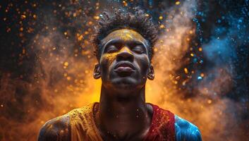 AI generated Portrait of young african american man with face art on fire background photo