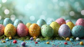 AI generated Colorful Easter eggs on a blue background photo