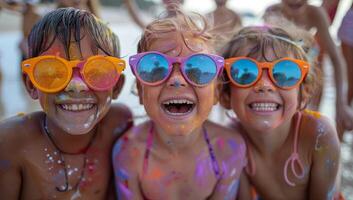 ai generado contento niños teniendo divertido en holi color festival en el playa. foto