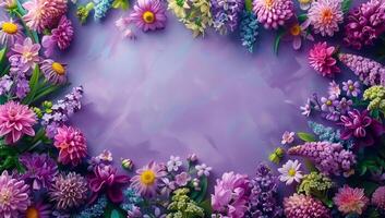 AI generated Colorful flowers background. Top view. Place for your text. photo