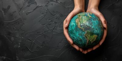 AI generated Hands holding fragile planet Earth, environmental conservation concept. World map on globe surrounded by chalk drawings representing environmental crisis. photo