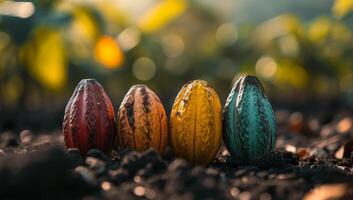 AI generated Colorful cocoa pods on the ground with bokeh background. Cacao fruit diversity and harvest concept. photo