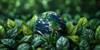 AI generated Planet Earth surrounded by lush green leaves, symbolizing environmental conservation and sustainability. Concept of eco friendly living, nature protection, and global awareness. photo